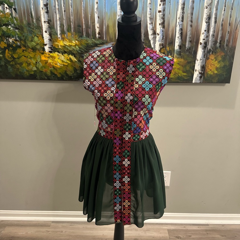 Colorful Embroidered Bodice Dress with Forest Green Skirt